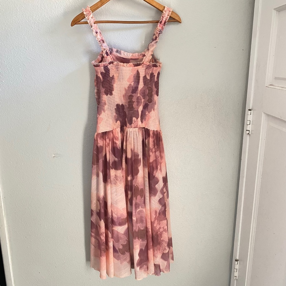Free People Mesh Midi Dress Soft Pink Purple Watercolor Smocked Feminine Fairy - Picture 4 of 14